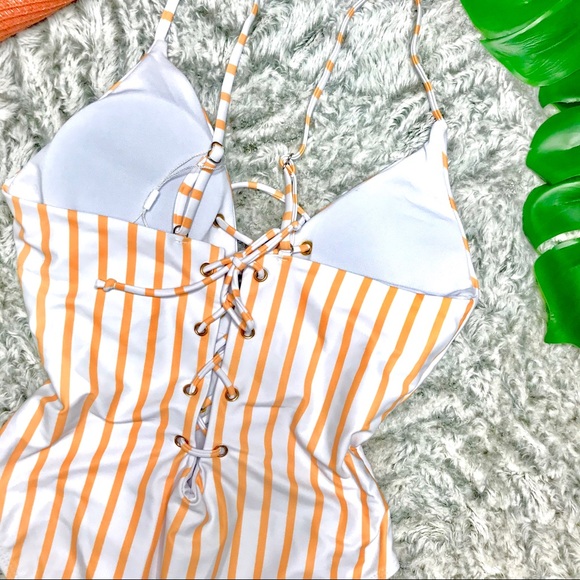 Front Tie One Piece White w/ Gold Stripe Swimsuit - Picture 5 of 6